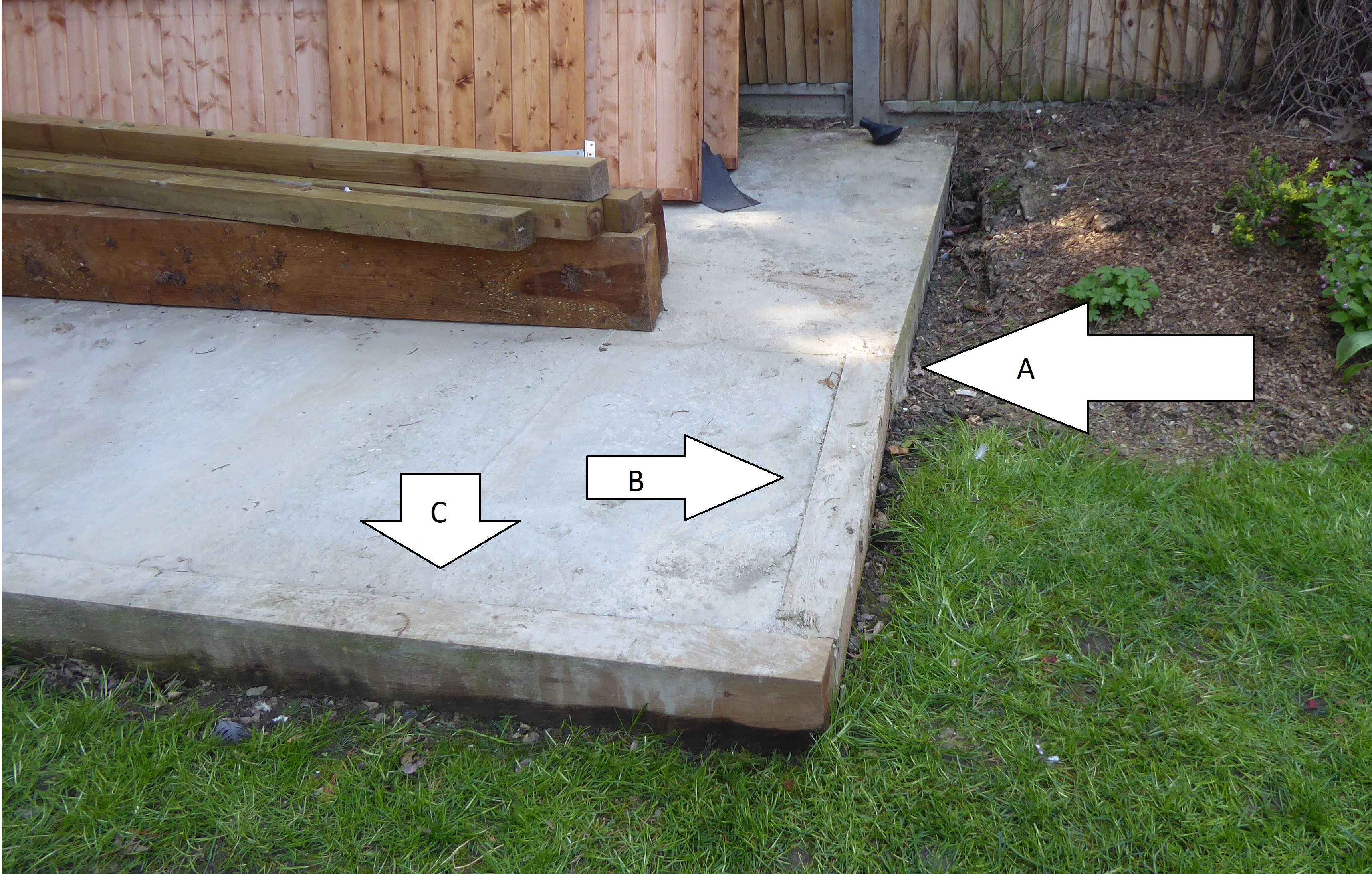 concrete foundation with arrows pointing to certain sections