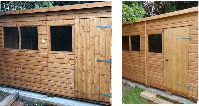 the same garden shed in two images side by side